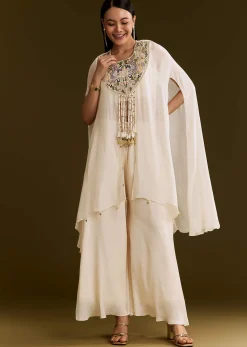 Off White Chinon Cape Suit With Zardosi And Moti Embroidery