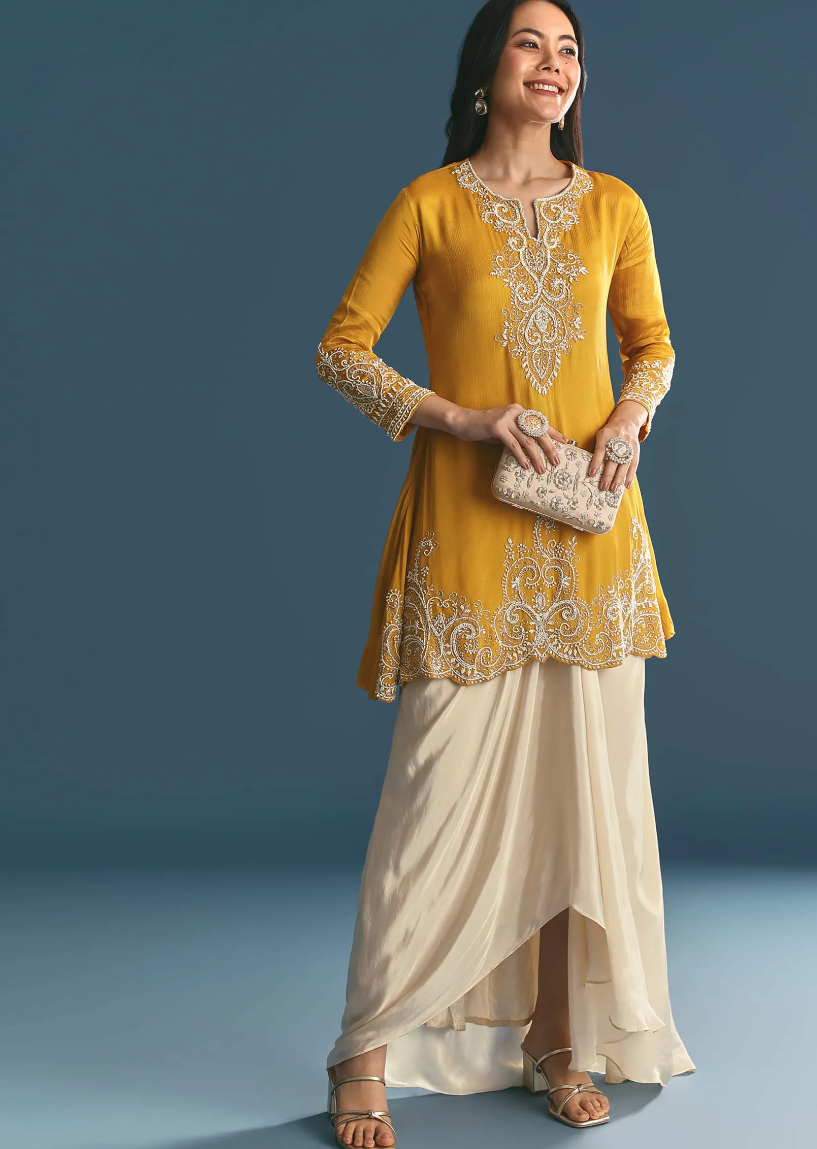 Off White Chinon Skirt Set With Yellow Moti Embroidered Kurta