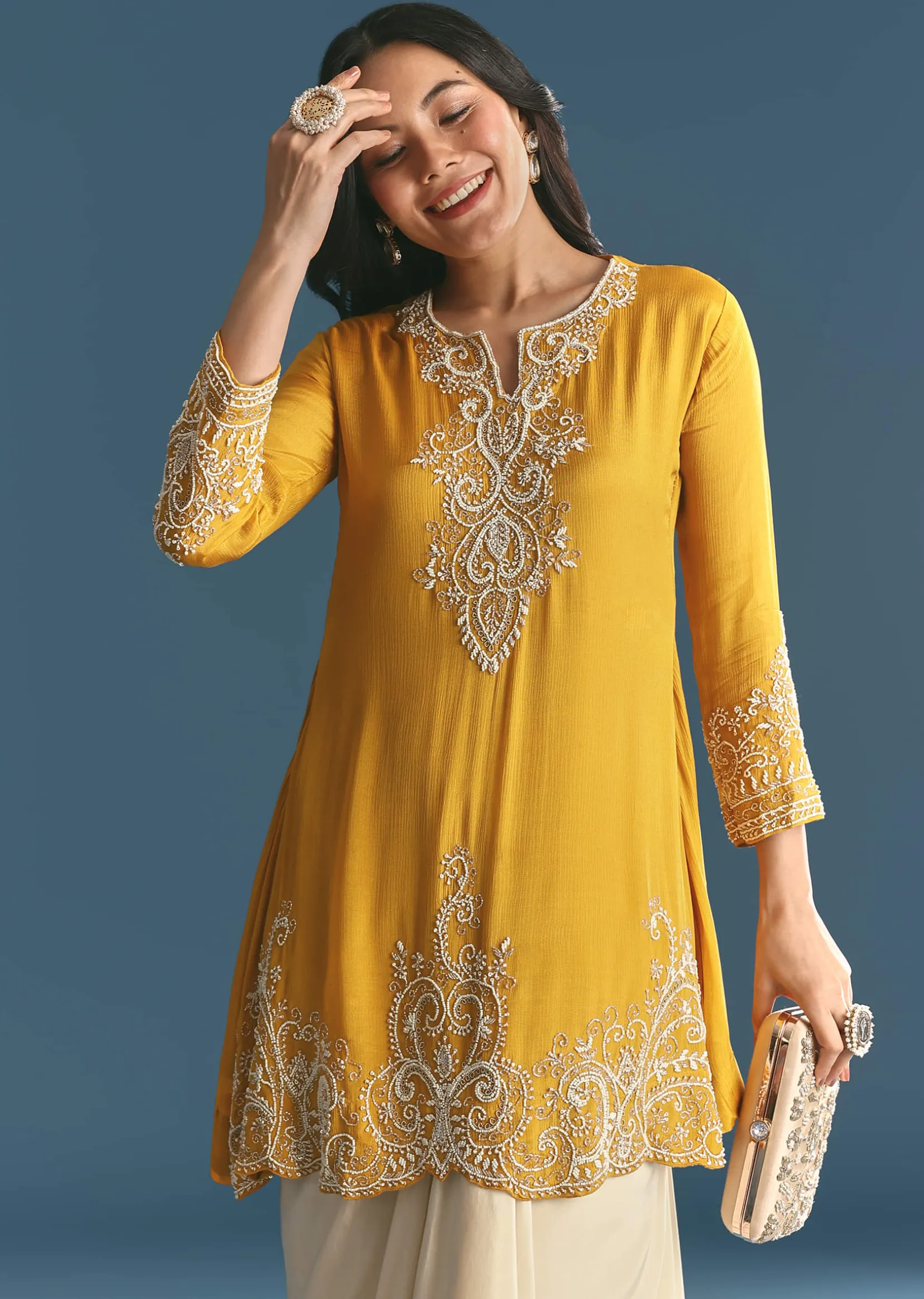 Off White Chinon Skirt Set With Yellow Moti Embroidered Kurta