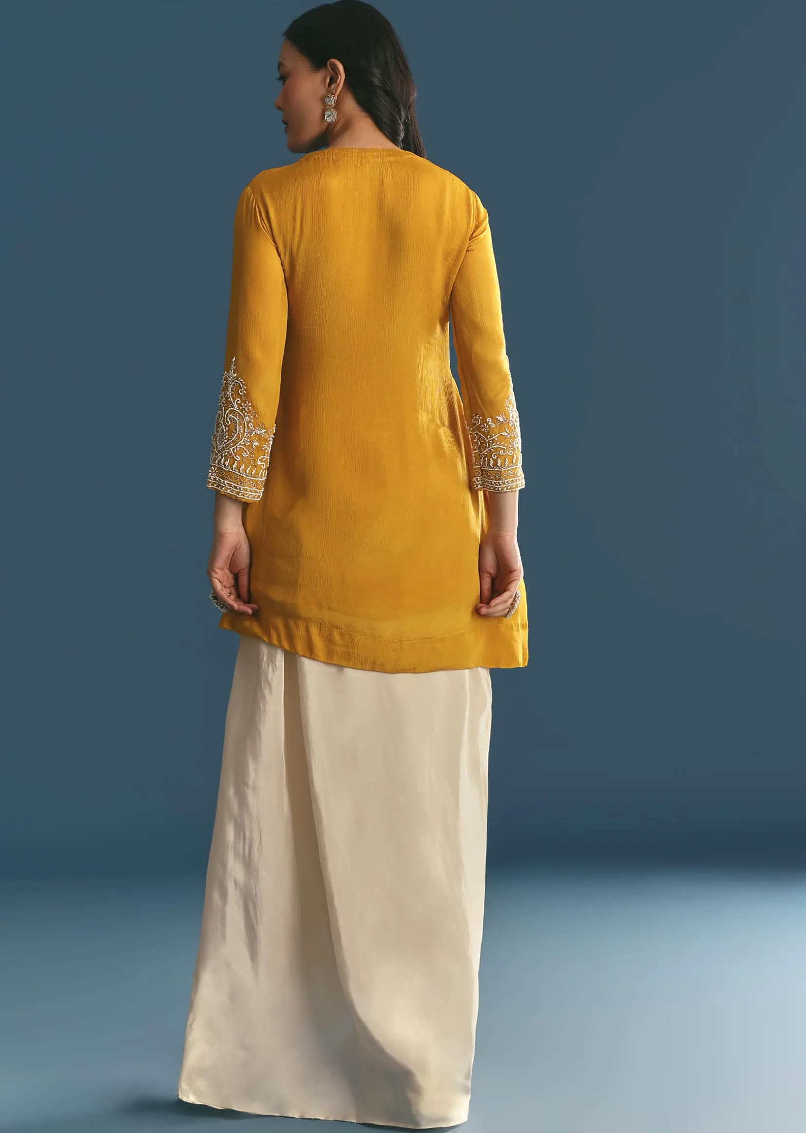 Off White Chinon Skirt Set With Yellow Moti Embroidered Kurta
