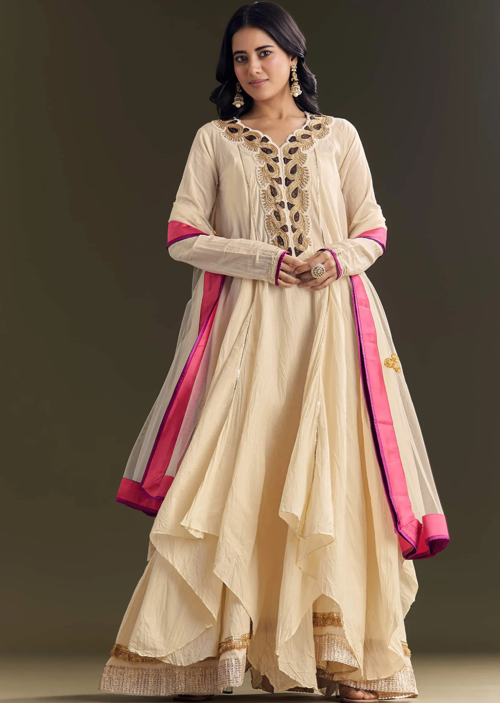 Off White Cora Cotton Asymmetrical Kurta Palazzo With Net Dupatta
