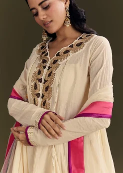 Off White Cora Cotton Asymmetrical Kurta Palazzo With Net Dupatta