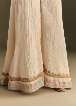 Off White Cora Cotton Asymmetrical Kurta Palazzo With Net Dupatta