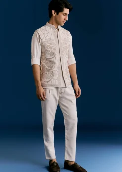 Off White Cotton Kurta Jacket Set With Embroidery