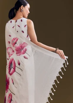 Off White Cotton Linen Saree With Artistic Floral Print