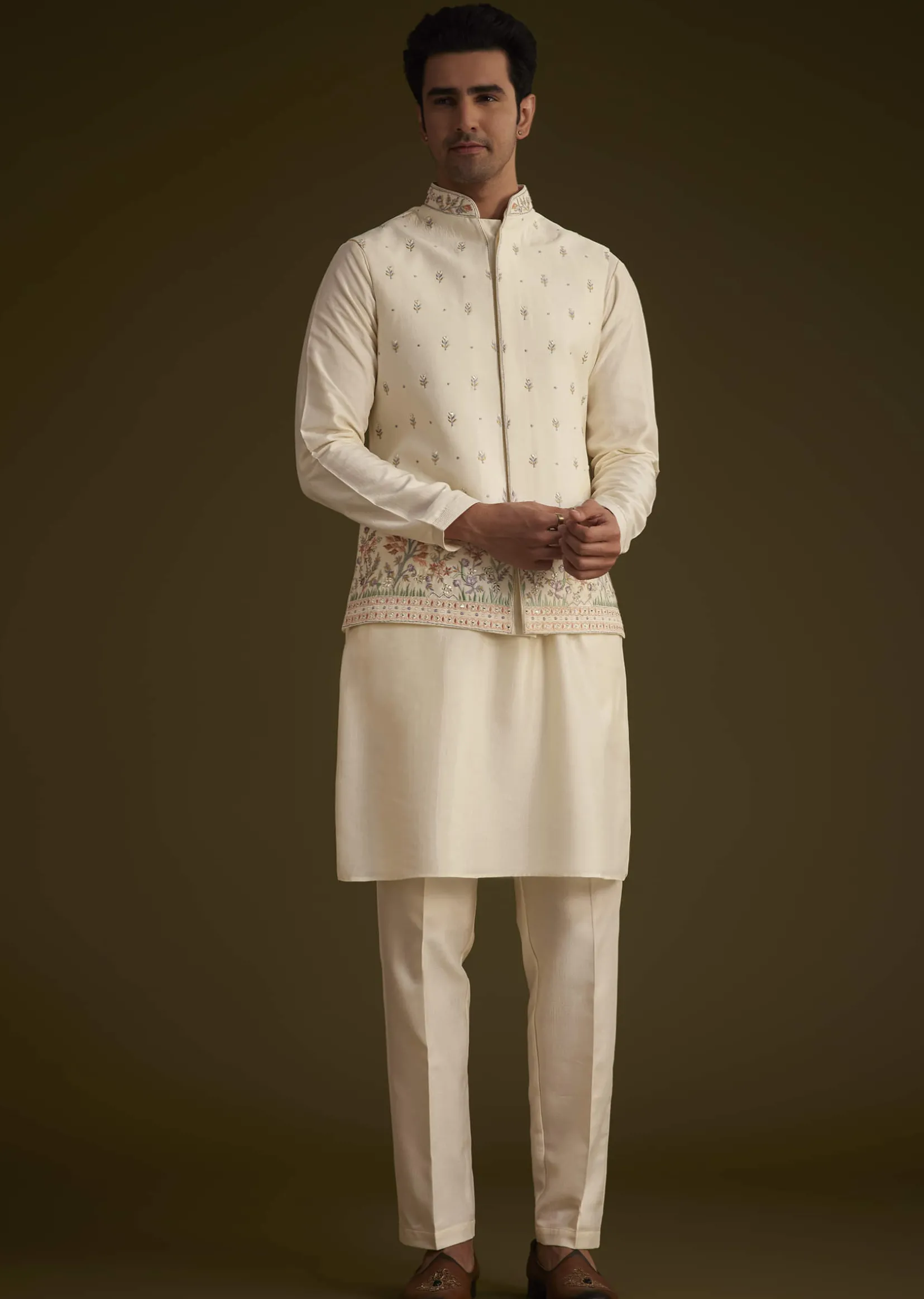 Off White Cotton Silk Jacket Set With Multicolored Floral Embroidery