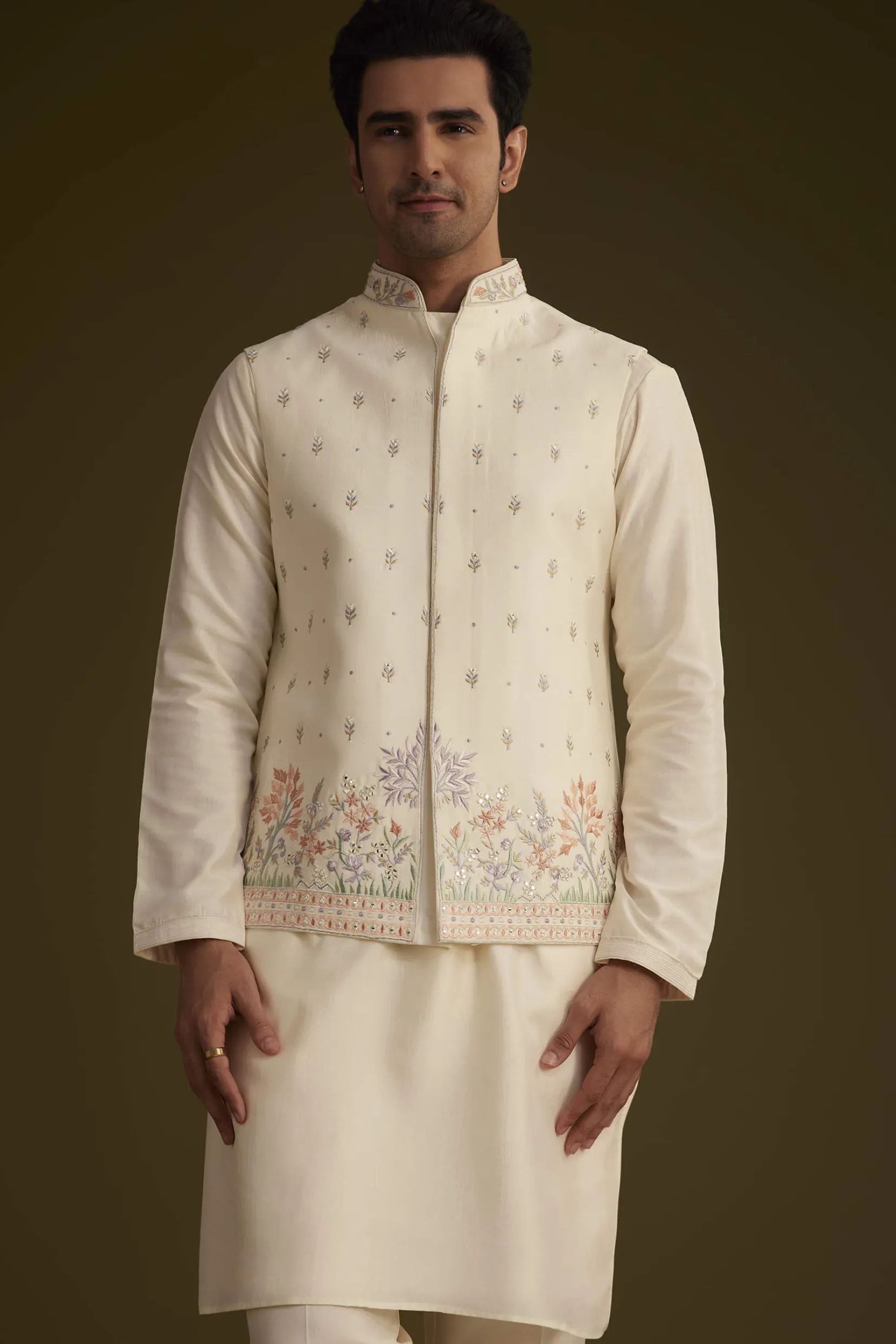 Off White Cotton Silk Jacket Set With Multicolored Floral Embroidery