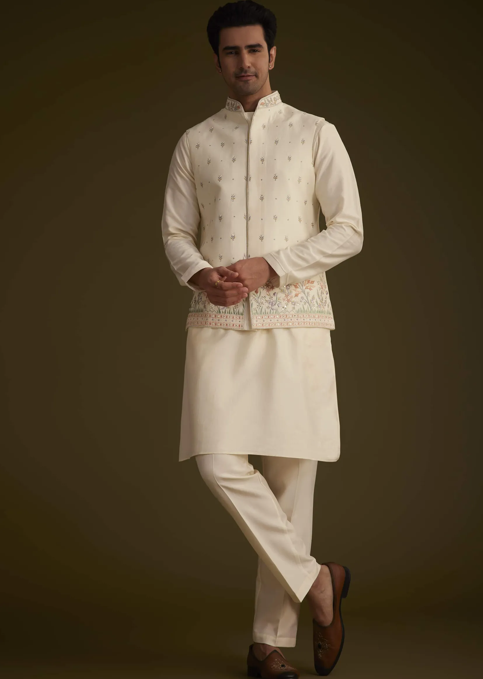 Off White Cotton Silk Jacket Set With Multicolored Floral Embroidery