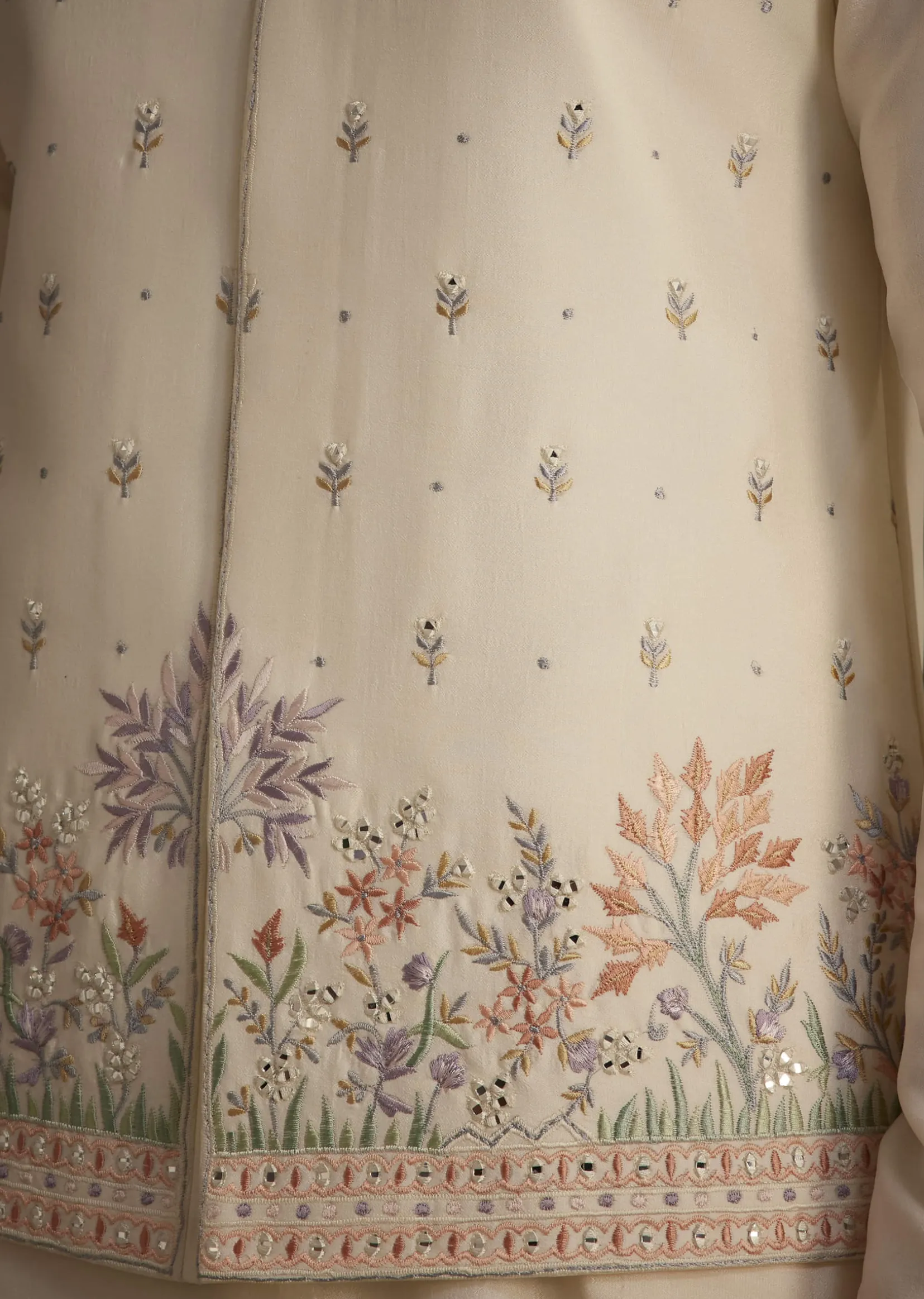Off White Cotton Silk Jacket Set With Multicolored Floral Embroidery