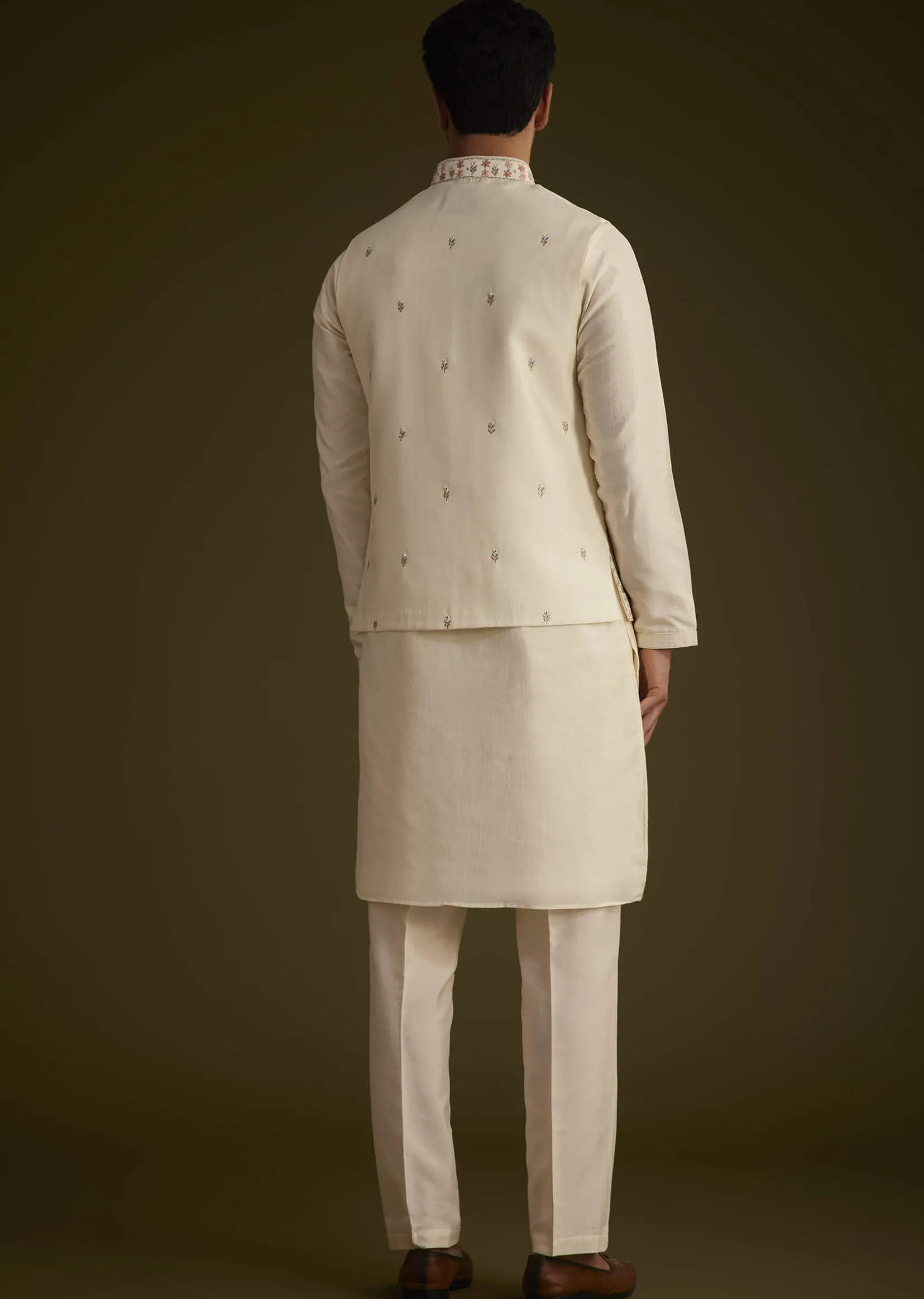Off White Cotton Silk Jacket Set With Multicolored Floral Embroidery