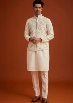Off White Cotton Silk Jacket Set With Floral Zari Work
