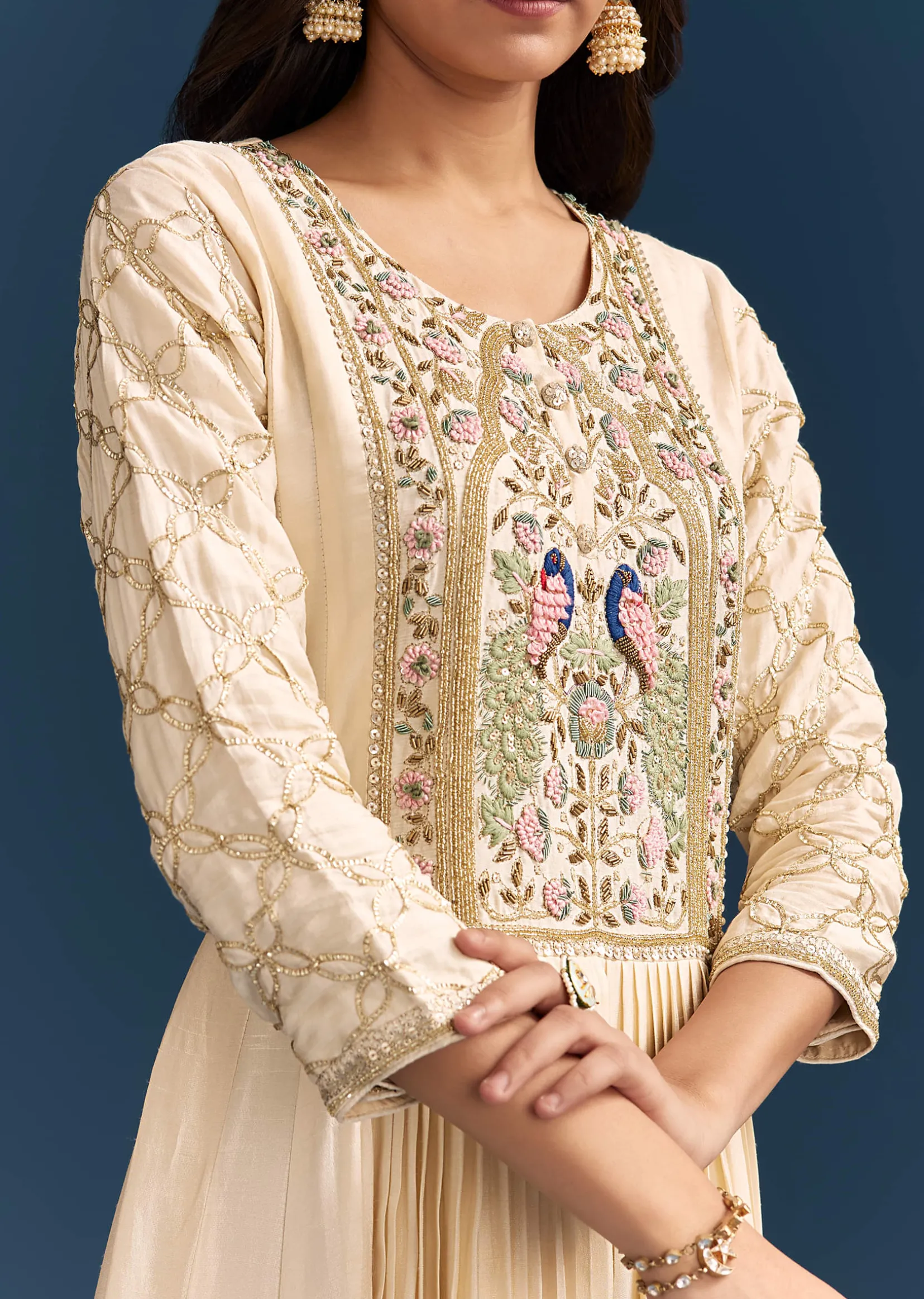 Off White Dola Silk Anarkali Suit With Beads Gotta And Cut Dana Work