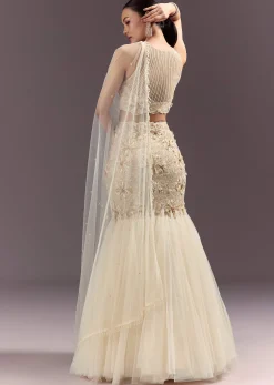 Off White Embroidered Blouse With Fish Cut Skirt And Dupatta