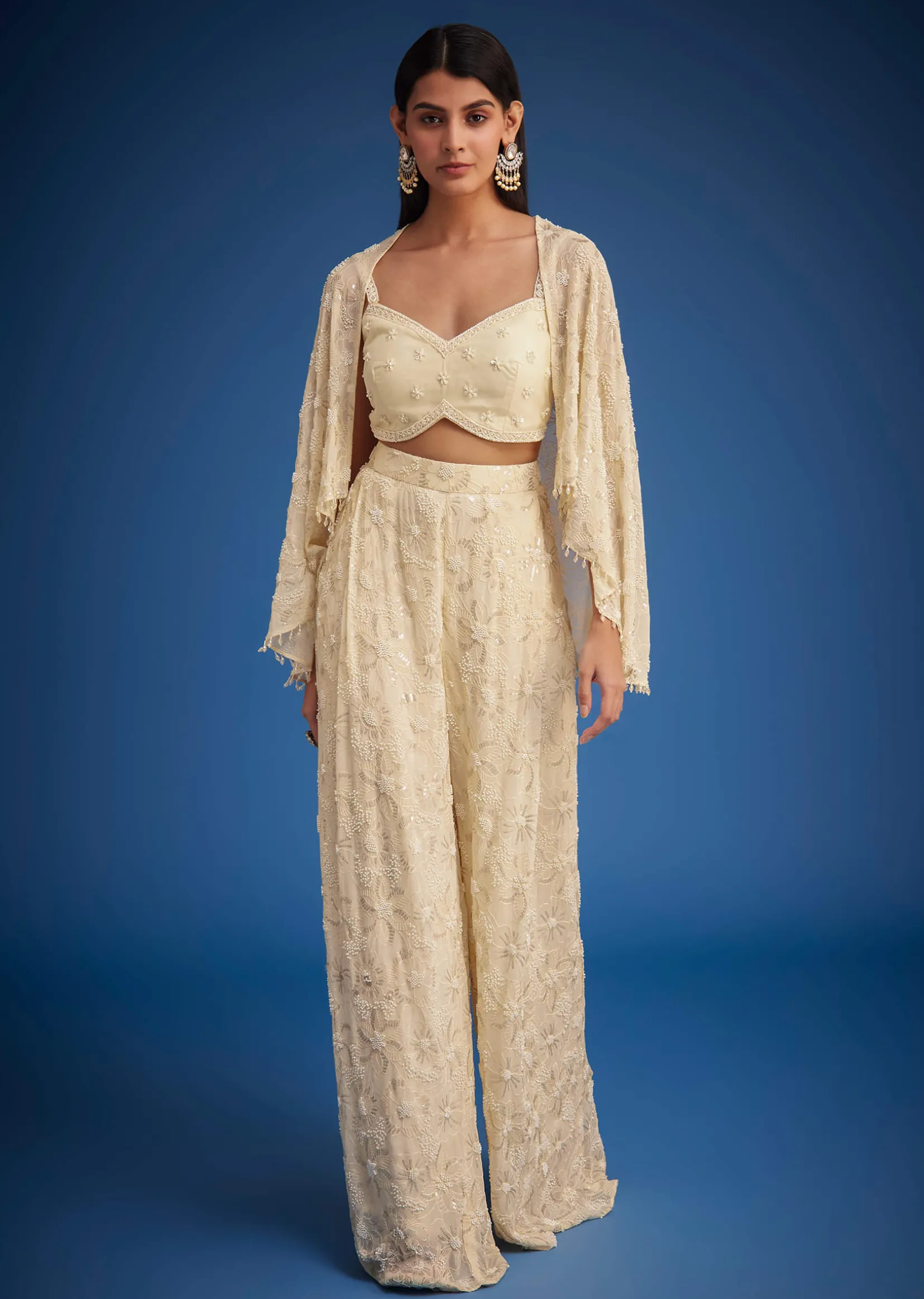 Off White Embroidered Cape Palazzo Set