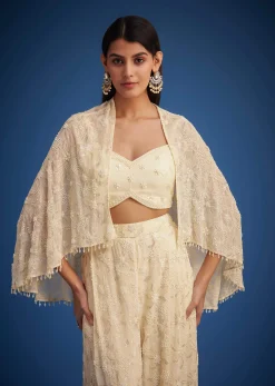 Off White Embroidered Cape Palazzo Set