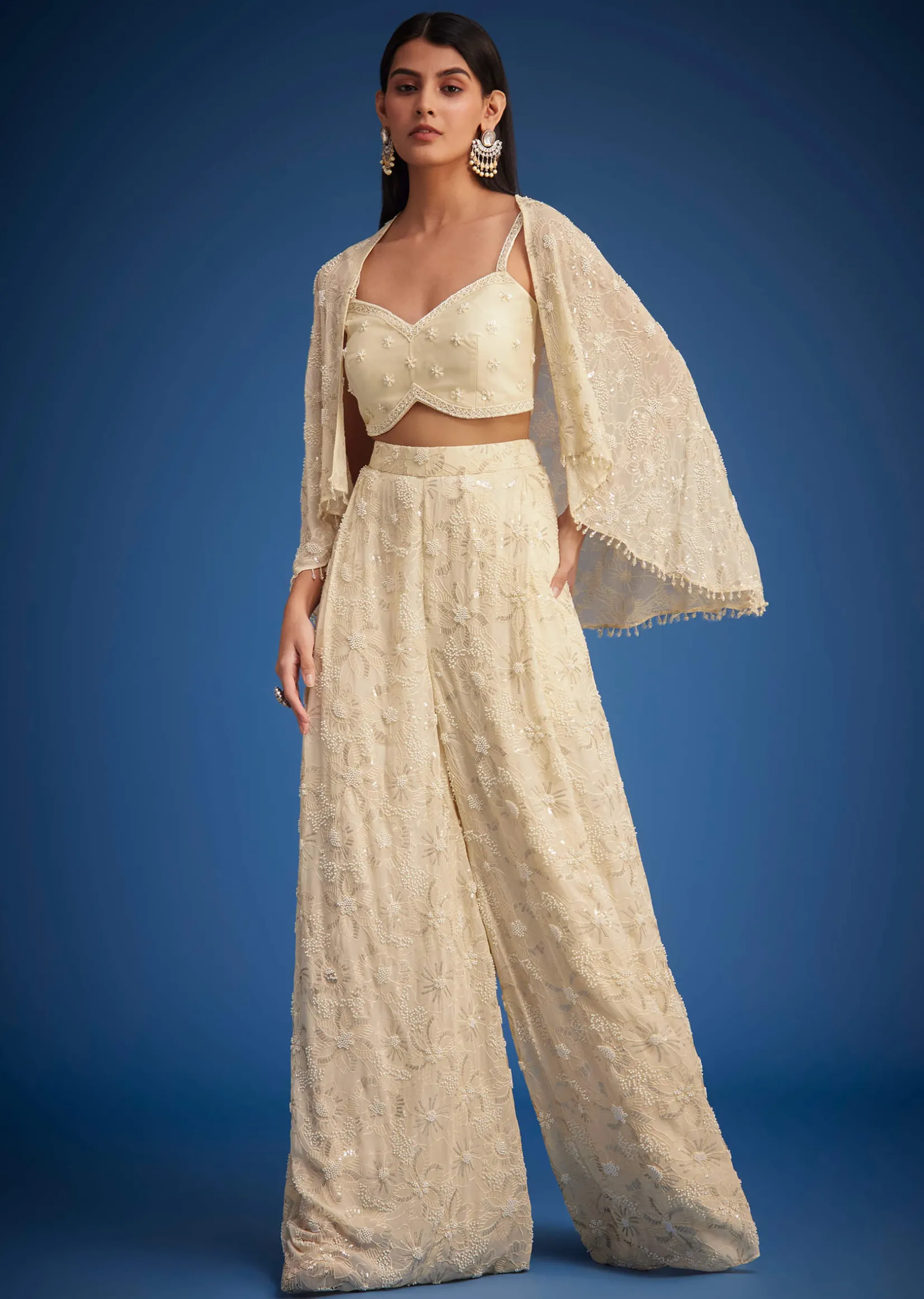 Off White Embroidered Cape Palazzo Set