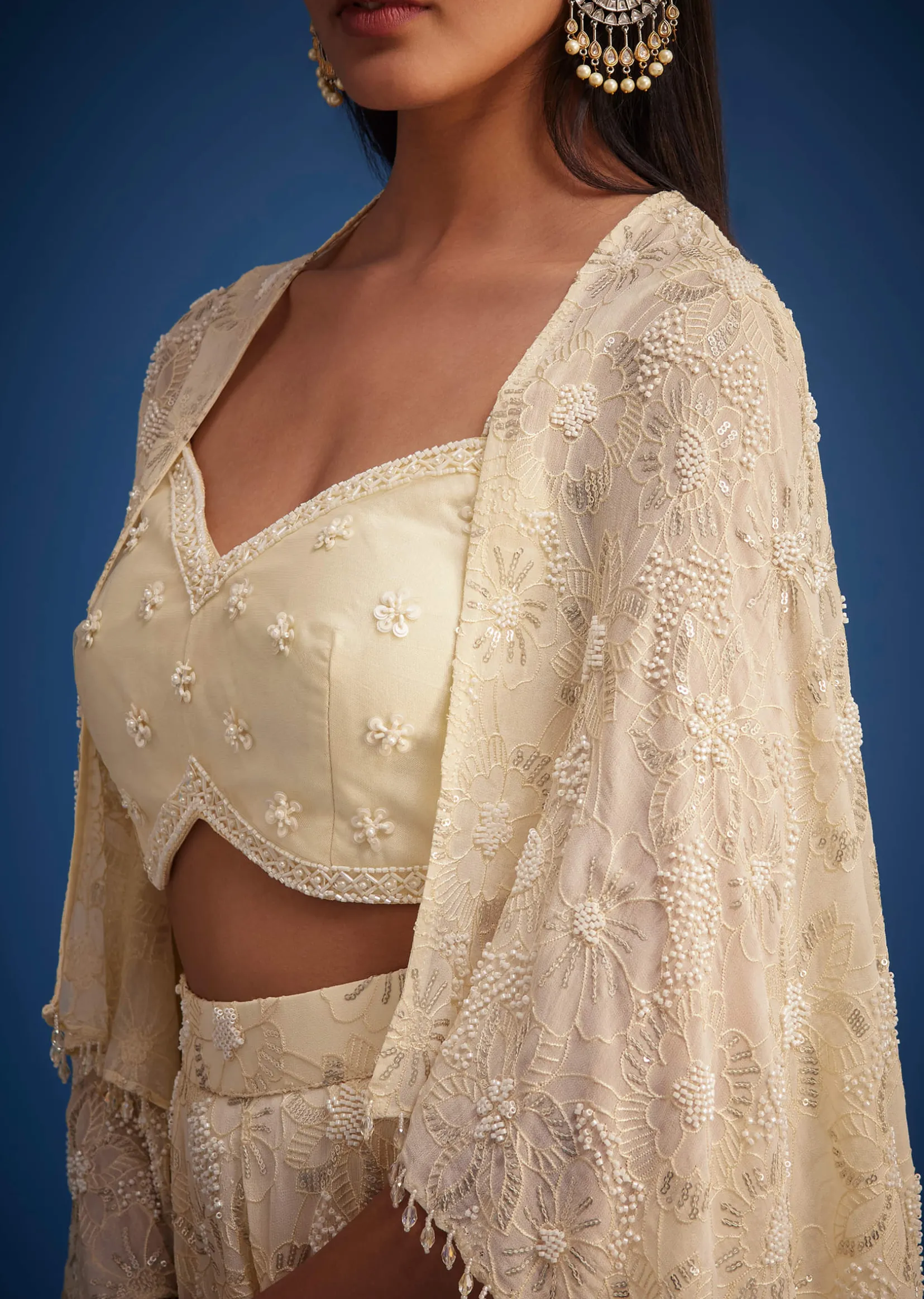Off White Embroidered Cape Palazzo Set