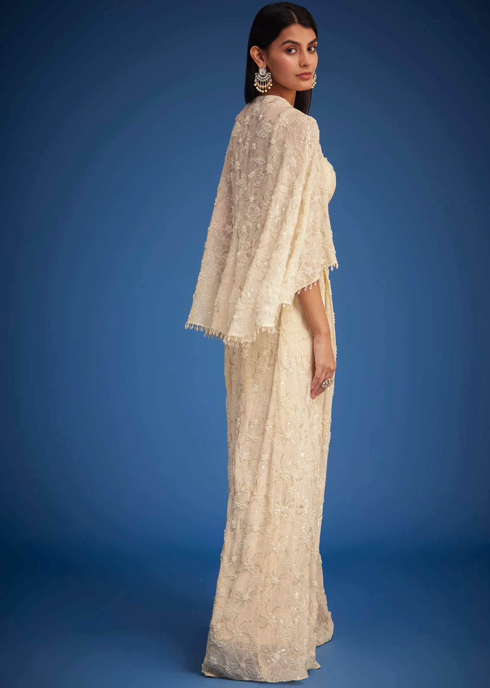 Off White Embroidered Cape Palazzo Set
