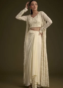 Off White Embroidered Croptop Skirt And Jacket Set
