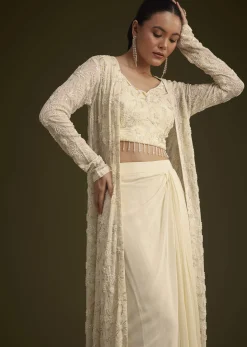 Off White Embroidered Croptop Skirt And Jacket Set