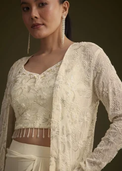 Off White Embroidered Croptop Skirt And Jacket Set