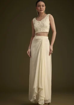 Off White Embroidered Croptop Skirt And Jacket Set