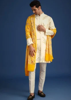 Off White Embroidered Kurta Set With Bandhani Dupatta