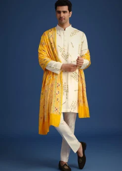 Off White Embroidered Kurta Set With Bandhani Dupatta