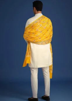 Off White Embroidered Kurta Set With Bandhani Dupatta