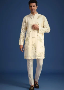Off White Embroidered Kurta Set With Bandhani Dupatta