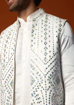 Off White Embroidered Kurta Jacket Set For Men