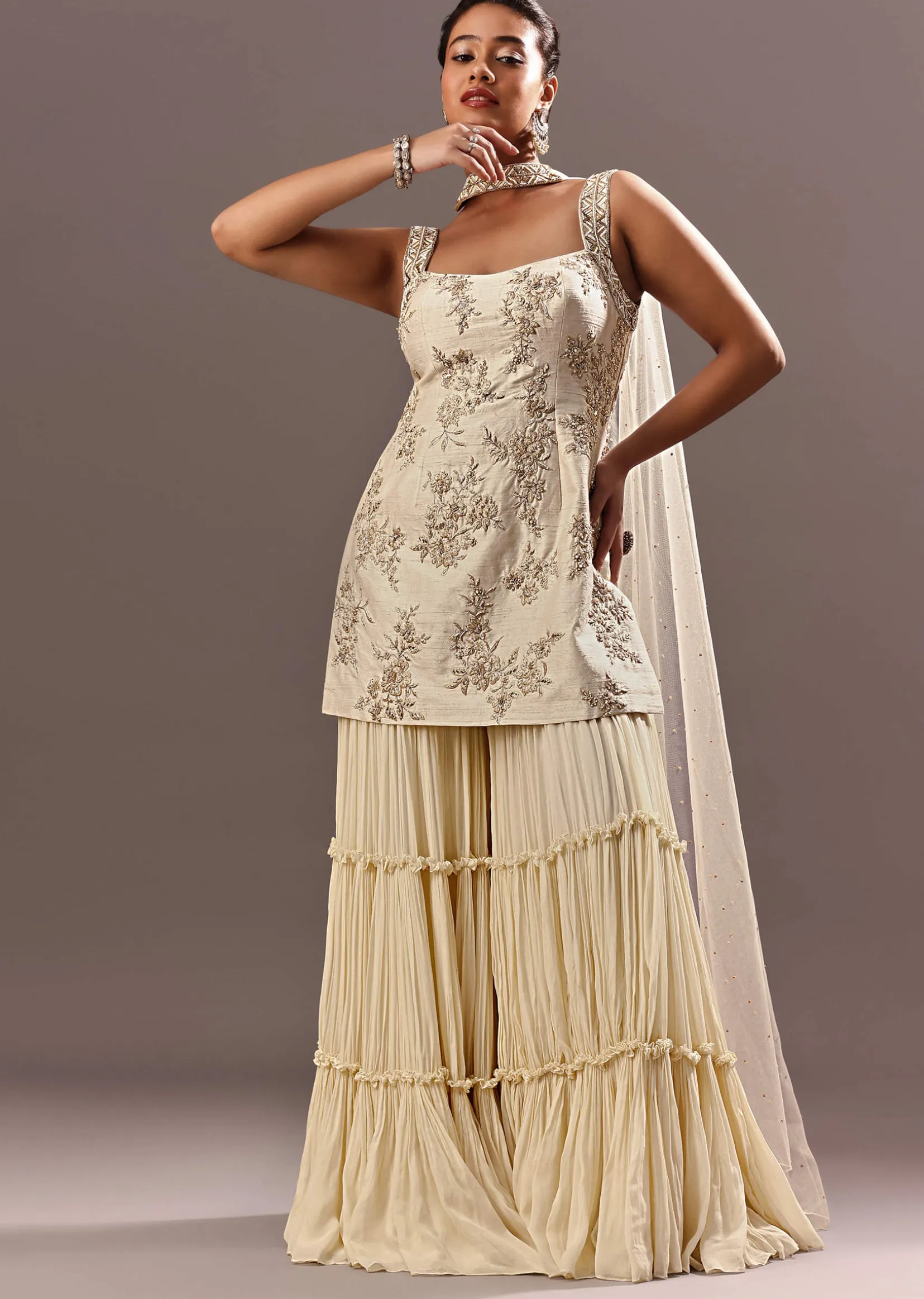 Off White Embroidered Kurta Sharara With Choker Dupatta