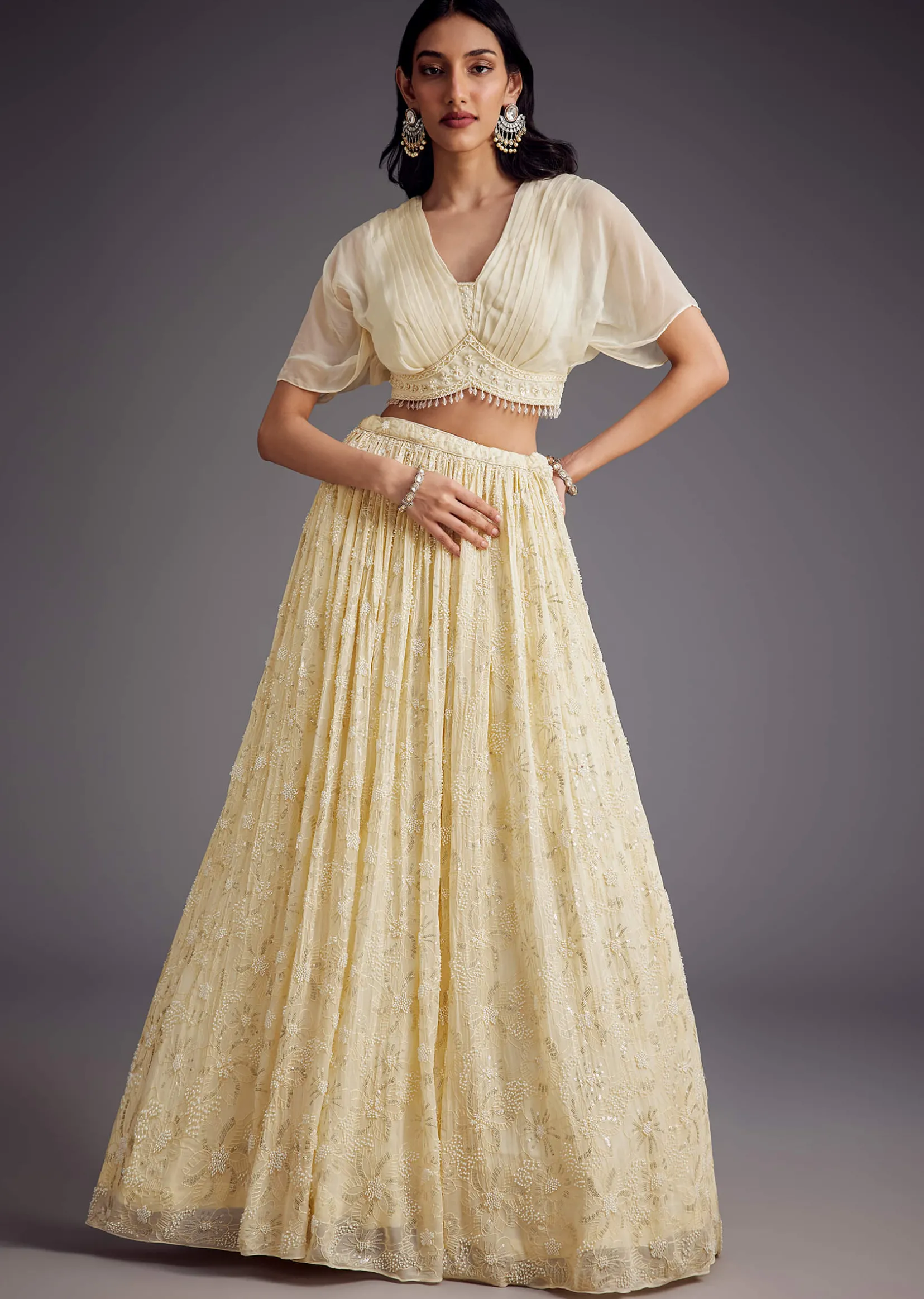 Off White Embroidered Pleated Skirt With Sheer Layered Croptop