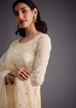 Off White Embroidered Sharara Set With Organza Dupatta