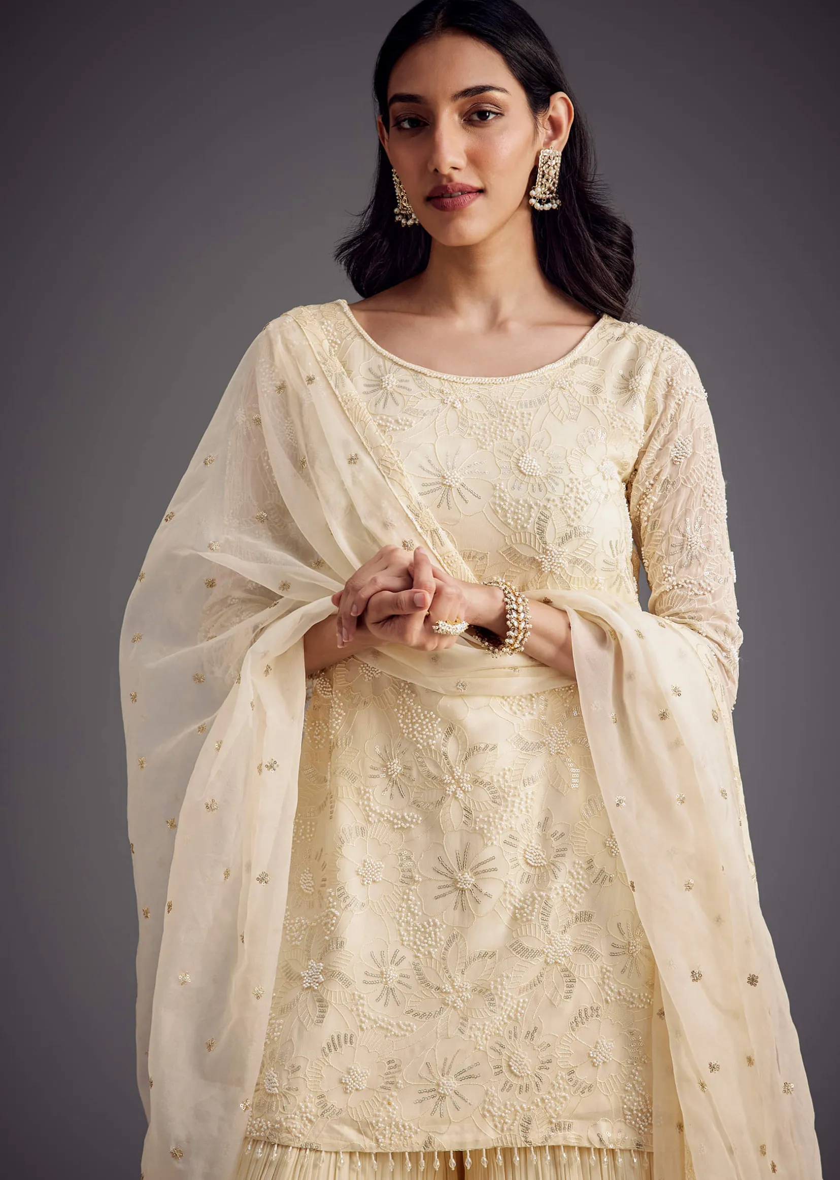 Off White Embroidered Sharara Set With Organza Dupatta