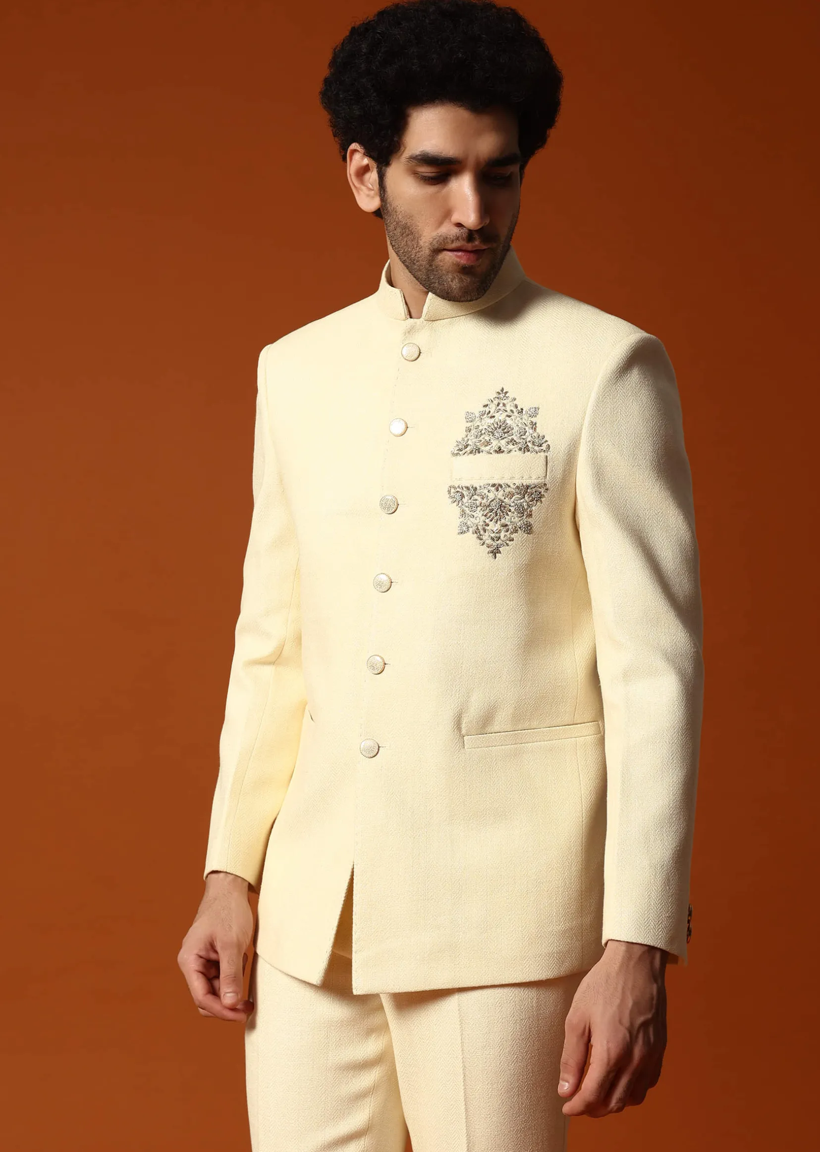 Off White Embroidered Silk Jodhpuri Suit For Men