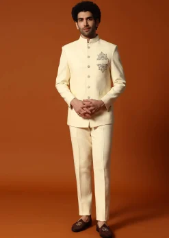 Off White Embroidered Silk Jodhpuri Suit For Men