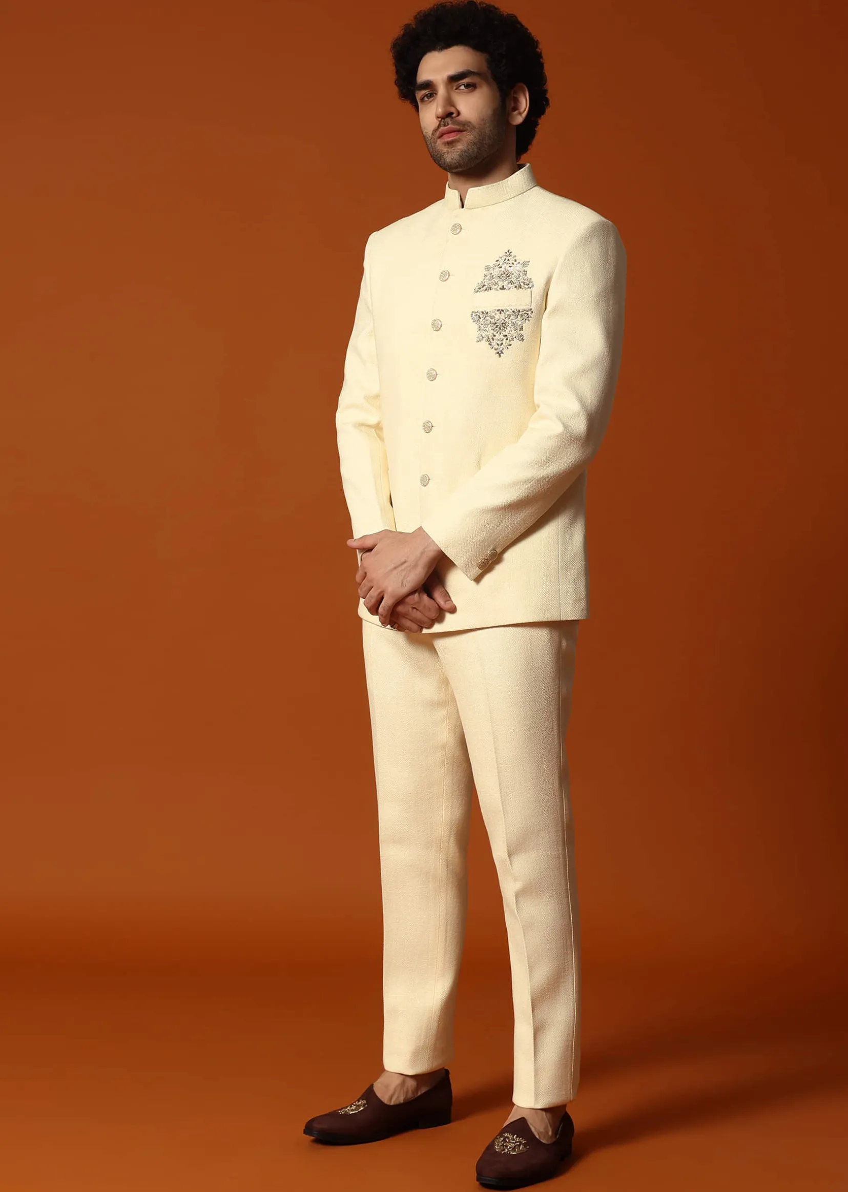 Off White Embroidered Silk Jodhpuri Suit For Men