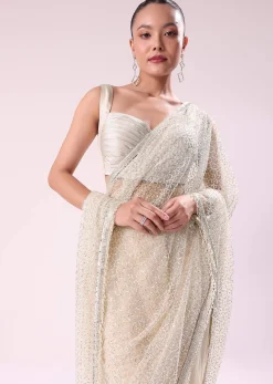 Off White Fancy Sequence Net Saree With Pleated Stitched