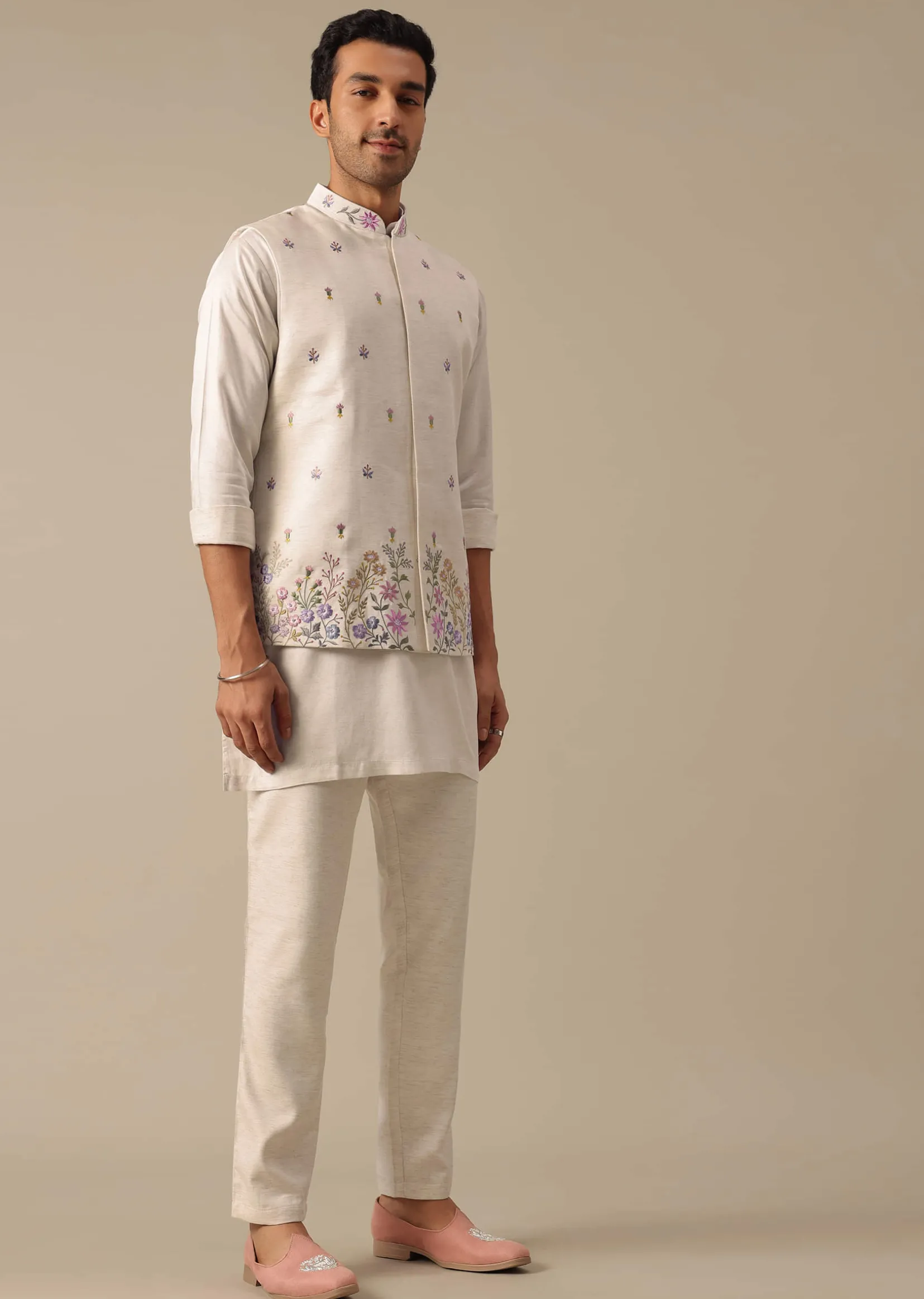 Off White Floral Embroidered Jacket Kurta Set