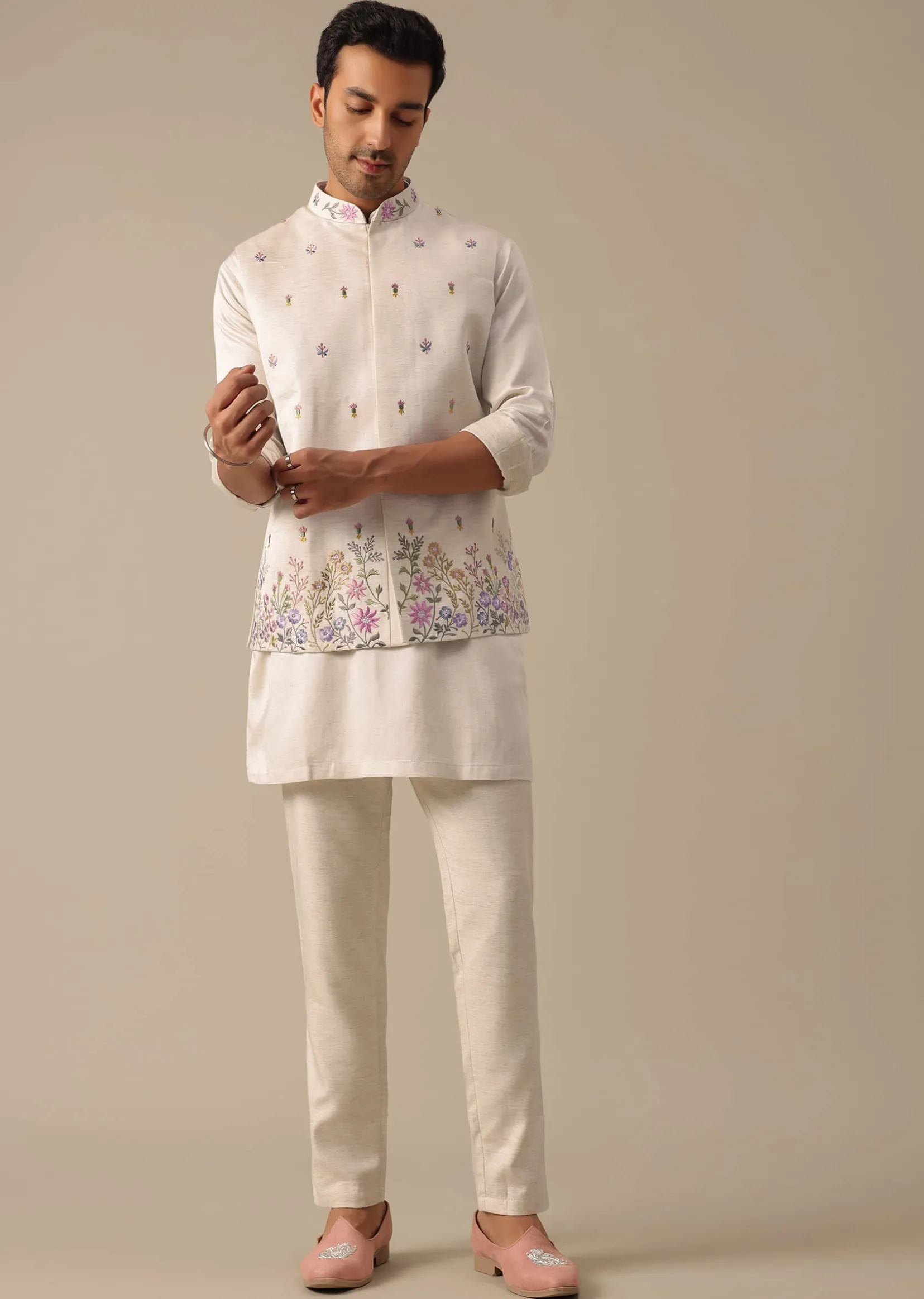 Off White Floral Embroidered Jacket Kurta Set