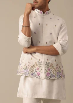 Off White Floral Embroidered Jacket Kurta Set