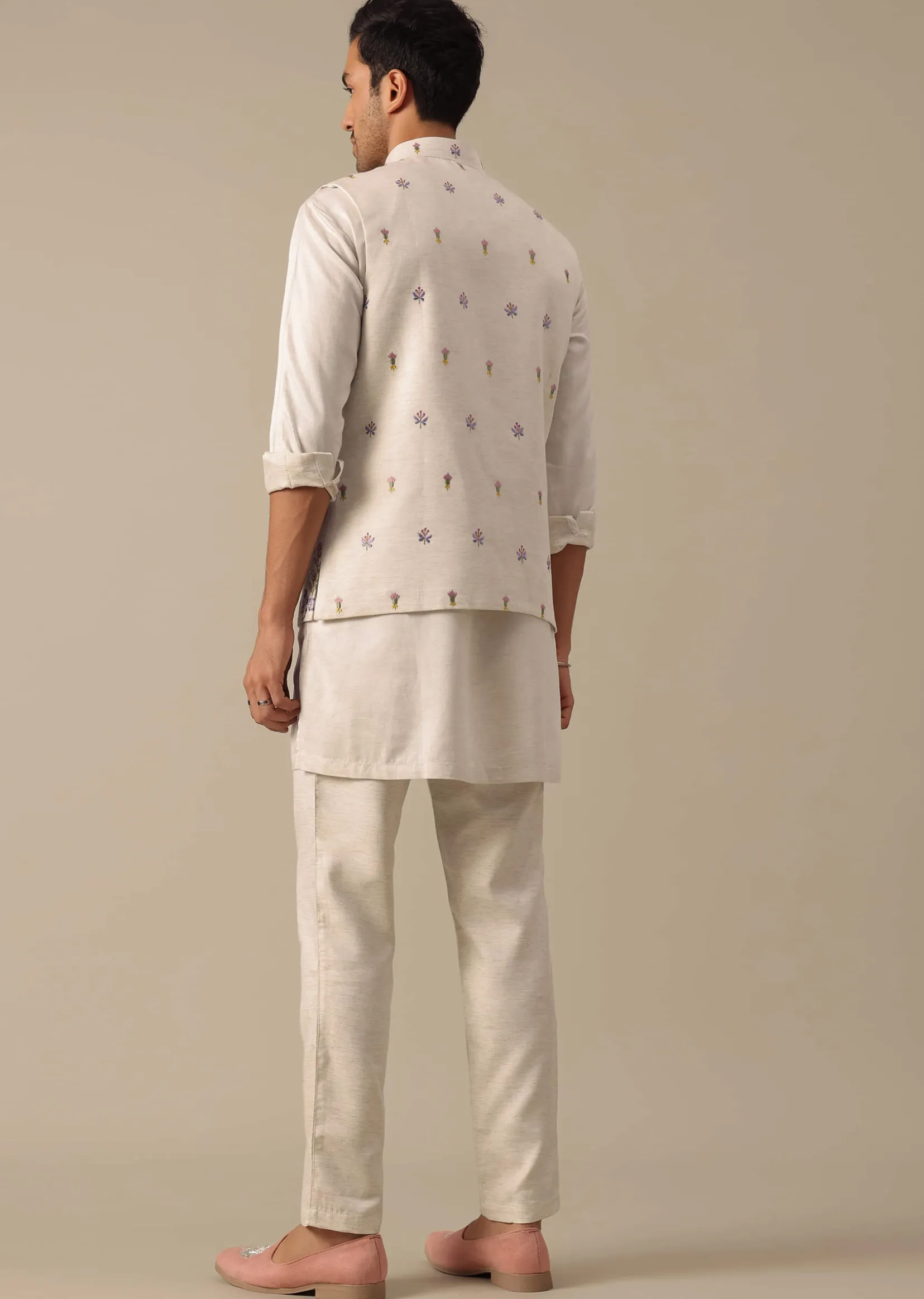 Off White Floral Embroidered Jacket Kurta Set