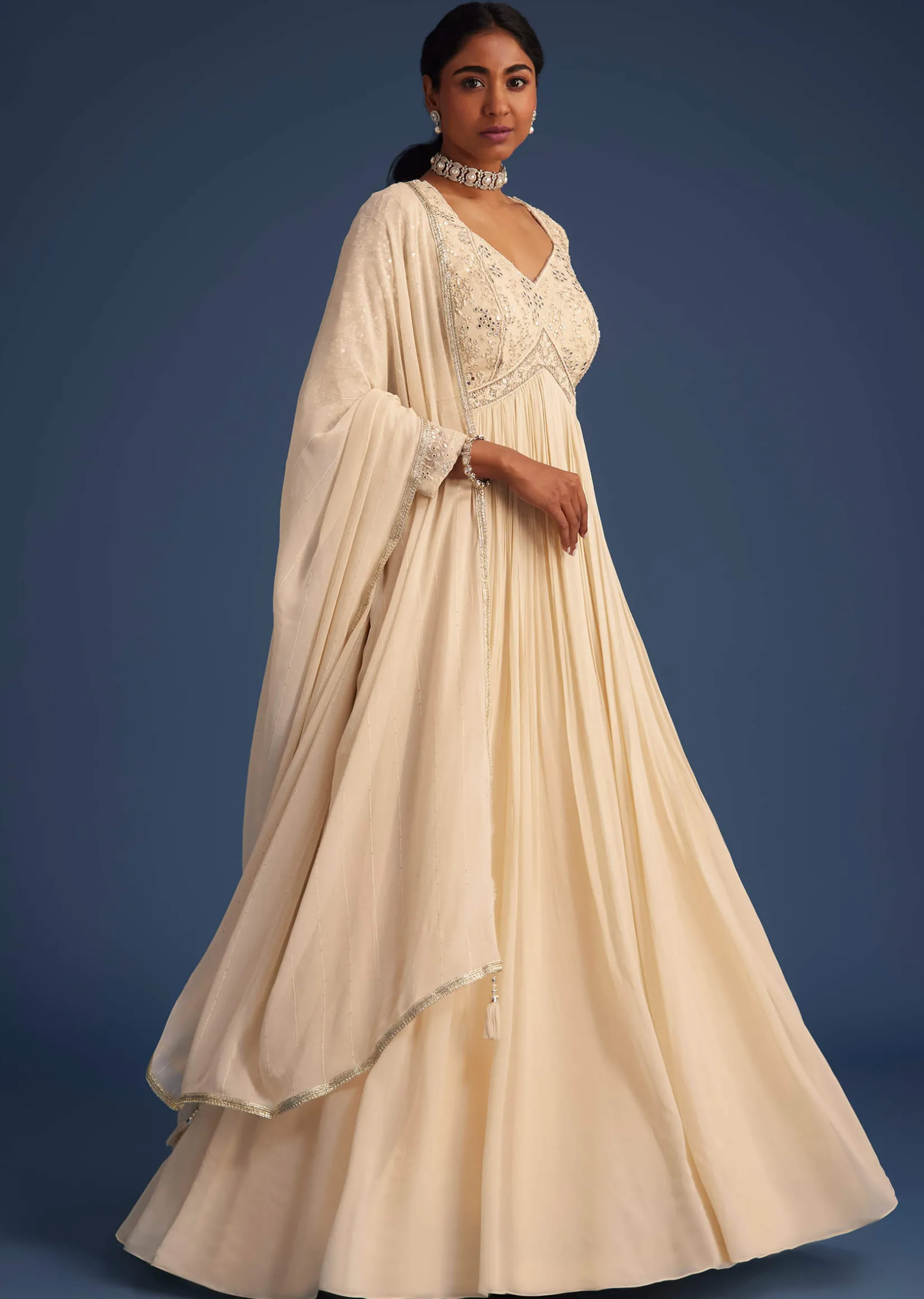 Off White Georgette Embellished Anarkali With Dupatta