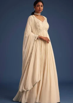 Off White Georgette Embellished Anarkali With Dupatta