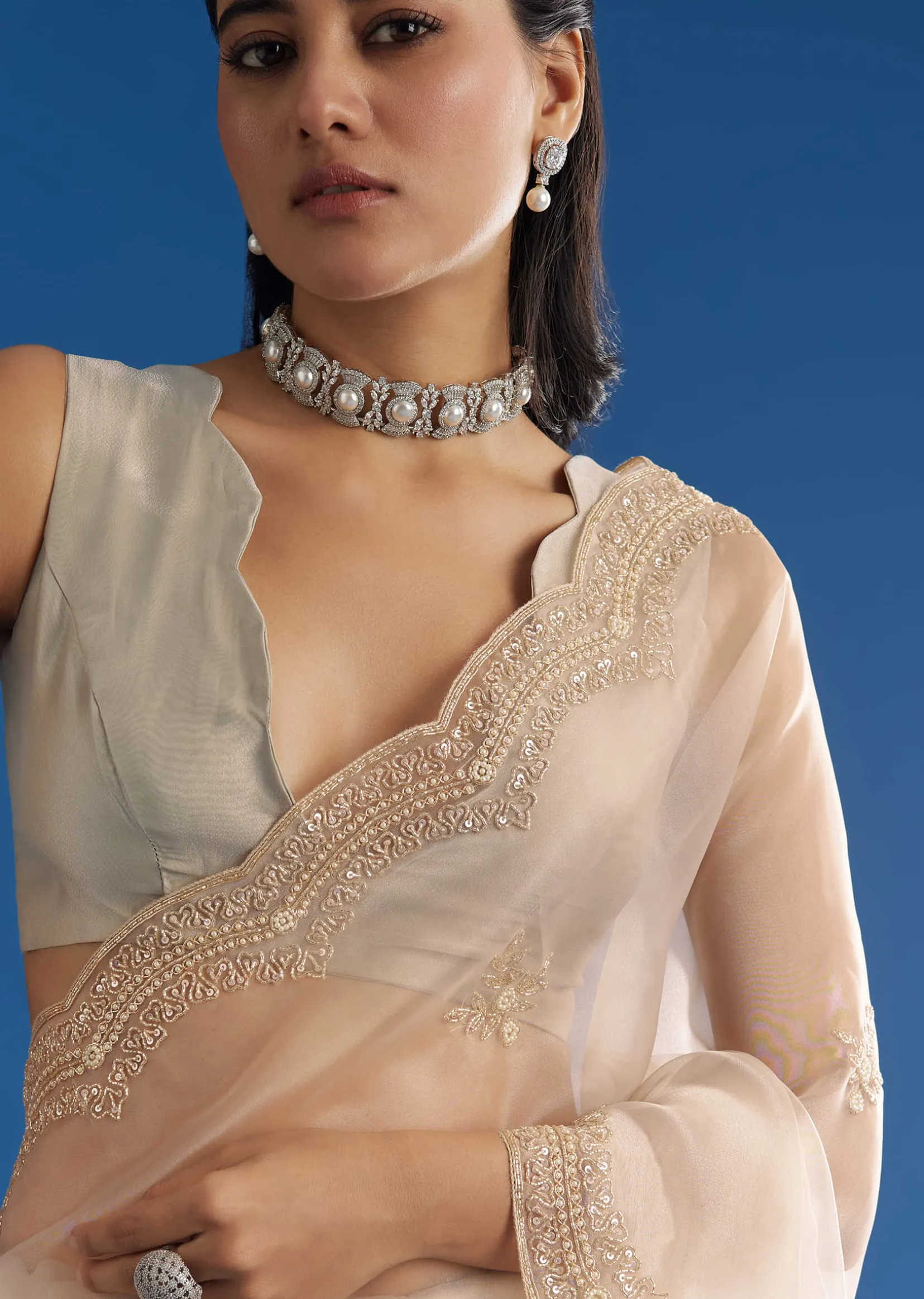 Off White Glass Tissue Saree With Embroidered Scallop Border