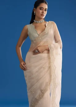 Off White Glass Tissue Saree With Embroidered Scallop Border