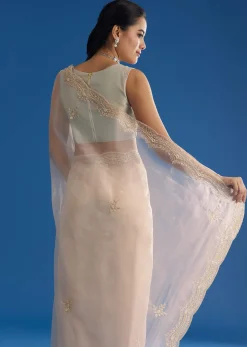 Off White Glass Tissue Saree With Embroidered Scallop Border