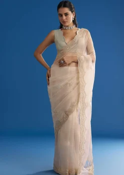 Off White Glass Tissue Saree With Embroidered Scallop Border