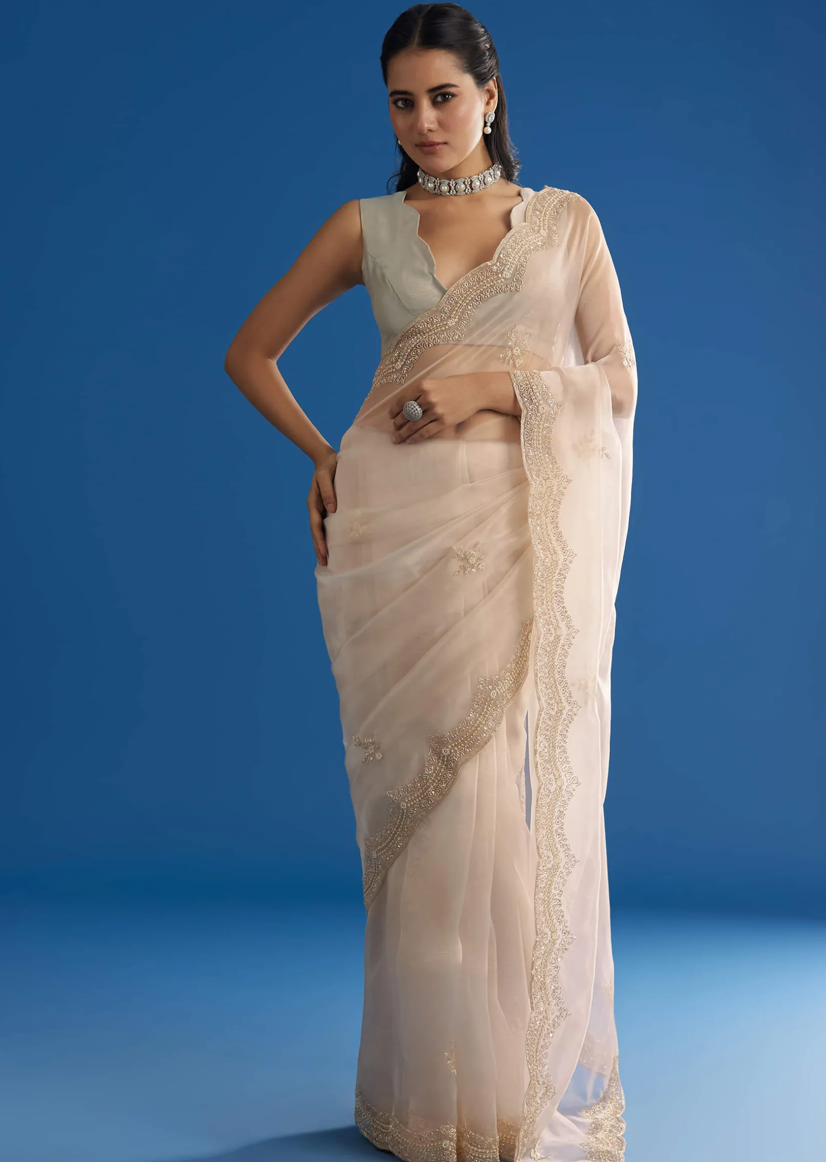 Off White Glass Tissue Saree With Embroidered Scallop Border
